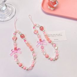 Cell Phone Straps Korean Creative Sweet Pink Bow Heart Beaded Mobile Phone Chain Delicate Anti-lost Phone Case Lanyard Gift For Female Accessories