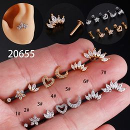 Nose Rings Studs 1PC YW High Quality Flower Moon Crown Heart Zircon Body Piercing Jewellery Labret Ring For Man Woman 230325