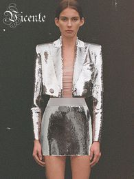 Two Piece Dress VC Luxury Silver Sequin Two Piece Set Women Long Sleeve Short Jacket Mini Fashion Party Outwear 230324