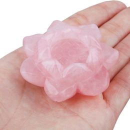 Decorative Figurines Natural Rose Quartz Carved Gemstone Lotus Flower Crystal Ball Stand/Candlestick Holder Home Decor