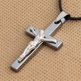 Pendant Necklaces Cross Necklace INRI Crucifix Jesus Piece Silver Colour Stainless Steel Men Chain Catholic Jewellery GiftsPendant