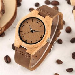 Wristwatches Creative Watches Women Genuine Leather Band Bamboo Case Lady Wrist Watch Wooden Light Yellow Dial Modern Female Clock Xmas Gift