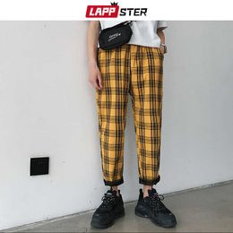 Men's Pants LAPPSTER Japanese Streetwear Yellow Sweatpants 2022 Mens Casual Straight Plaid Pants Male Korean Harajuku Joggers Pants 5XL W0325