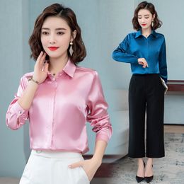 Women's Blouses Shirts Elegant Office Ladies Work Shirt Women Blouse Long Sleeve Lapel Hidden Buttons Bright Basic Satin Silk Female Tops 230325