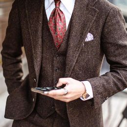 Men's Suits Herringbone Tweed Tailor-Made Formal Wedding Blazer Terno Masculino 3 Pieces Brown Jackets Vest Pants Groom Wear Tuxedo