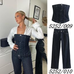 Women's Two Piece Pants UNIZERA 2023 Spring Clothing Off the shoulder Striped Denim Top Mid waist Straight leg Two piece Set 5252009 230324