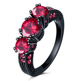Wholesale Luxury brilliant three large red diamond Wedding black Ring Set For Women Engagement party Band 18K gold filled Eternity Jewelry Zirconia size 6 7 8 9