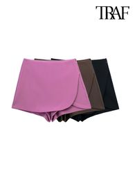 Women's Shorts TRAF Women Fashion Pareo Style Self Overlay Skirts Vintage High Waist Side Zipper Female Skort Mujer 230325