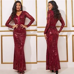 Burgundy Mermaid Evening Dresses Lace Sequined Prom Gowns Long Sleeves V Neck Ankle Length Formal Dress For Women