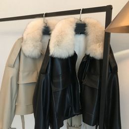 Women's Jackets Chic Autumn Winter Detachable Faux Mink Fur Collar PU Bomber Plus Velvet Thick Trench Coat Leather Zipper 230324