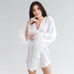 Women's Sleepwear 2023 White Satin Pyjamas With Feathers Peignoirs For Women Robe Long Sleeve Wedding Dress Bride Sexy Mini Black Bathrobes