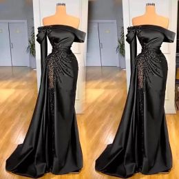 Prom Black Dresses Sequins Beaded Long Sleeves One Shoulder Mermaid Illusion High Split Floor Length Custom Made Ruched Evening Party Gowns Vestidos Plus