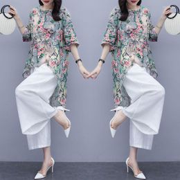 Women's Two Piece Pants 2023 Summer Women Korean Two-piece Sets Female Print Casual Chiffon Tops Loose Wide-leg Ladies Suits R164