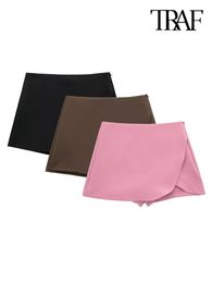 Women's Shorts TRAF Women Fashion Pareo Style Skirts Vintage High Waist Side Zipper Female Skort Mujer 230325