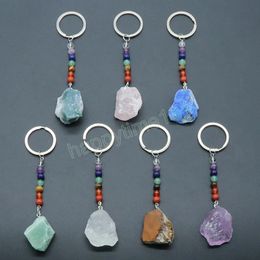 Reiki 7 Chakras Natural Quartz Stone Keychain Irregular Crystals Pendant Keychains Keyring Holder for Women Men Jewellery