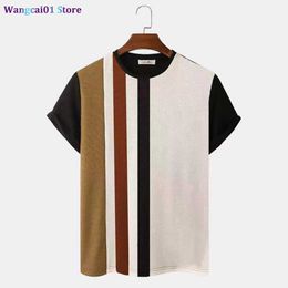 Men's T-Shirts Striped Printed Shirt Men's T-shirt Patchwork Short Seve Tees Simp Sty Pullover Summer Cotton Tops Oversized Mens Clothing 0325H23