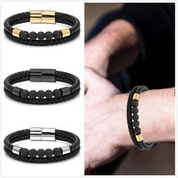 Strand Fashion Male Jewellery Braided Leather Bracelet 6MM Lava Beads Black Stainless Steel Magnetic Clasps Men Wrist Gifts