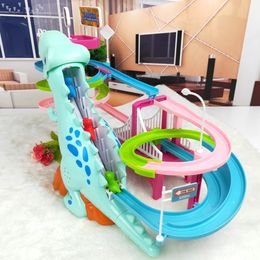 Electric/RC Animals Dinosaur Paradise Suit Pig Toys Climbing Stairs Track Peggy Slide Electric Assembly With Music Colorful 230325
