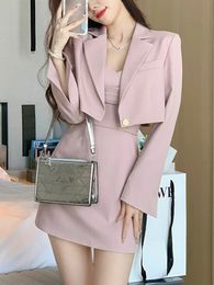 Two Piece Dress Korean Style Set Women Elegant Blazer Coat Strap Female Casual France Vintage Suit 230325