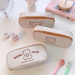 Kawaii Bear Pencil Case Cartoon Cute Simple Oxford Cloth Large Capacity Box Students School Stationery Supplies Gift