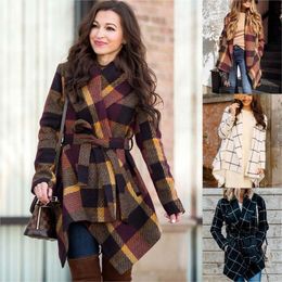 Women's Wool & Blends Woman Parkas Winter Elegant Irregular Adjustable Waist Check Spliced Woolen Coat Long Clothing Women Plus Sizea Brigos