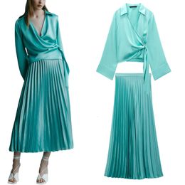 Two Piece Dress Summer silk satin texture double placket elegant serie's irregular shirt high waist skirt pleated sky blue 230324