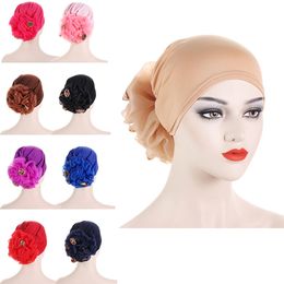 2023 Women Muslim Solid Colour Turban Big Flower Design Chemo Cancer Headband Ladies Elastic Headwear Hair Loss Cover Accessories