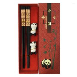 Chopsticks Tableware Gift Box Set Panda Wooden Chinese Natural Cutlery Handmade Dinnerware