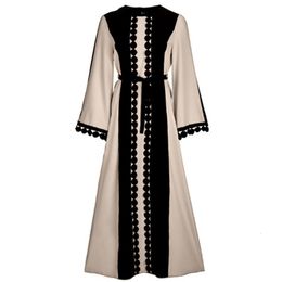 Ethnic Clothing Women Muslim Long Sleeve Maxi Dress Lace Polka Stitching Islamic Middle East Dubai Robe Colour Block Belted Abaya Kaftan 230324