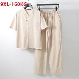 Men's T Shirts Men T-shirt Short Sleeve And Pants Linen Cotton Floral Embroidery Homewear Chinese Style Big Size 8XL 9XL Vintage Tang Suit