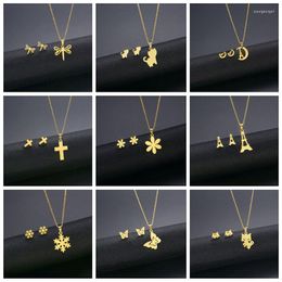 Necklace Earrings Set Stainless Steel Charm Initial And Stud Alphabet Pendant Chain Letter Mom Gifts Drop