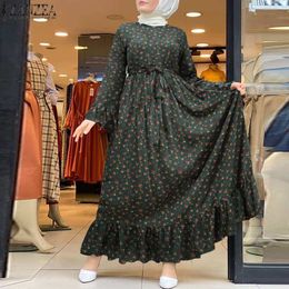 Ethnic Clothing ZANZEA Dubai Turkey Abaya Hijab Dress Vintage Floral Printed Maxi Dress Women Islamic Clothing Long Sleeve Ruffles Sundress Robe 230325