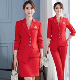 Two Piece Dress High Quality Spring Autumn Formal Ladies Red Blazer Women Business Suits Work Wear Office Uniform 2piece Skirt Jacket Set 5XL 230324