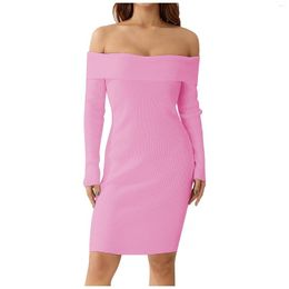 Casual Dresses Formal Midi Dress With Sleeves Ladies Spring Autumn Winter Long Sleeve Solid Colour One Line Neck Sexy R And M