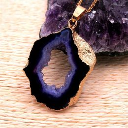 Pendant Necklaces Wholesale 6pc/lot Natural Special-shaped Agates Amethysts Cavity Section Irregular Crystal Plating Coating GoldPendant Mor