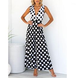 Women's Jumpsuits & Rompers Sexy Polka Dot Printed V-Neck Wide Leg Pants Loose Long Bodycon Jumpsuit Romper Sleeve Bodysuit