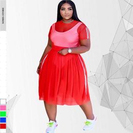 Plus Size Dresses Sexy Outfits Fashion See Through Short Sleeve Top Mesh Midi Skirt Women Two Piece Suit 4xl 5xl Wholesale Dropshipping 230307