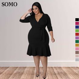 Plus Size Dresses Summer Clothes Elegant Women with Sashes v Neck Solid Colour Midi Dress Half Sleeve Wholesale Dropshipping 230307