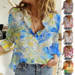 Women's Blouses Women Summer Colourful Shirts Floral Printed Blouse Casual Holiday Basic Long Sleeve Button V Neck Tops