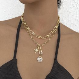 Pendant Necklaces Alloy Paperclip Clavicle Chain Rhinestone Heart Lock Star Pendants For Women Layered Necklace 2023 Fashion Jewellery