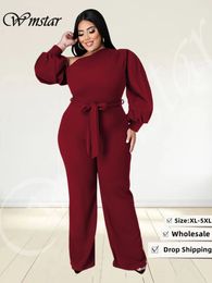 Women's Plus Size Jumpsuits Rompers Wmstar Plus Size Women Clothes Jumpsuit Fall Solid Left Off Shoulder with Sashes Offiice Ladies Romper Wholesale Drop 230325