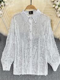 Women's Blouses Spring Autumn Women White Sequins Tassel Blouse Female Elegant Turn-Down Collar Long Sleeve Single Breasted Loose Shirt Tops