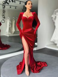 Casual Dresses Cryptographic Elegant Gown Long Dress Evening Club Outfits for Women Gloves Sleeve Velvet Sexy Slit Maxi Ruched 230325