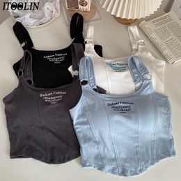 Women's Tanks Camis ITOOLIN Women Embroidery Letter Tank Tops With Bra Pad Casual Camis Y2K Crop Tops For Women Shoulder Belt Iron Ring Tank Tops 230325