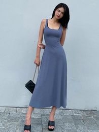 Casual Dresses LYWM Women Fashion Solid Midi Dress Vintage Sleeveless Square Collar Female Chic Lady Long