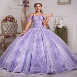 Elegante abito da ballo principessa viola chiaro Abiti Quinceanera Puffy spalle scoperte Appliques Sweet 15 16 Abito da ballo Abiti da spettacolo Vestidos de xv BC12736