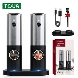 Mills Rechargeable Electric Salt And Pepper Grinder Set With Charging Base Stainless Steel Automatic Salt Spice Grinder Pepper Mill 230324