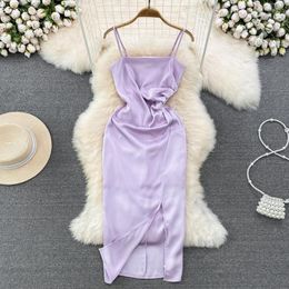 Casual Dresses Summer Light Ripe Retro Hanging Gentle Air Quality Waist Slimming Backless Sleeveless Mid-length Slit Dress