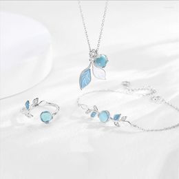 Chains Silver Colour Blue Crystal Leaf Charm Pendent Necklace For Women Girls Party 2023 Fashion Jewellery Dz317