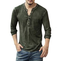 Men's TShirts Men Tee Shirt Vneck Long Sleeve Tops Stylish Buttons Tshirt Autumn Casual Henley shirt Solid Male Clothing 5XL 230325